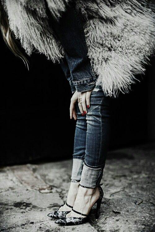 mongolian lamb vest and skinny jeans