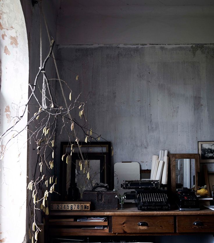 dark gray concrete wall with branches in a vase and old typewriter