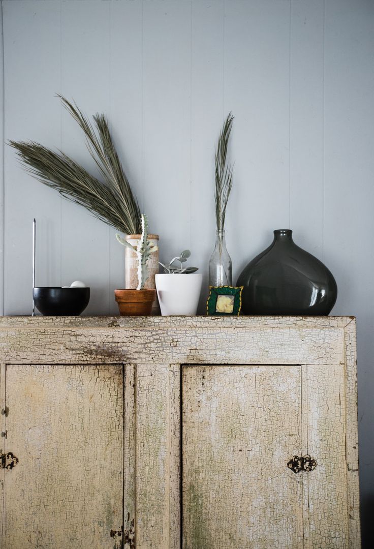 Rustic wooden cabinet with simple glass vases and grass plumes