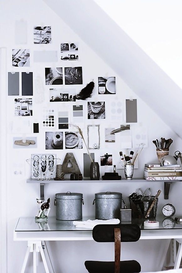 Tiny corner desk with black and white wall art collage and vintage galvanized canisters