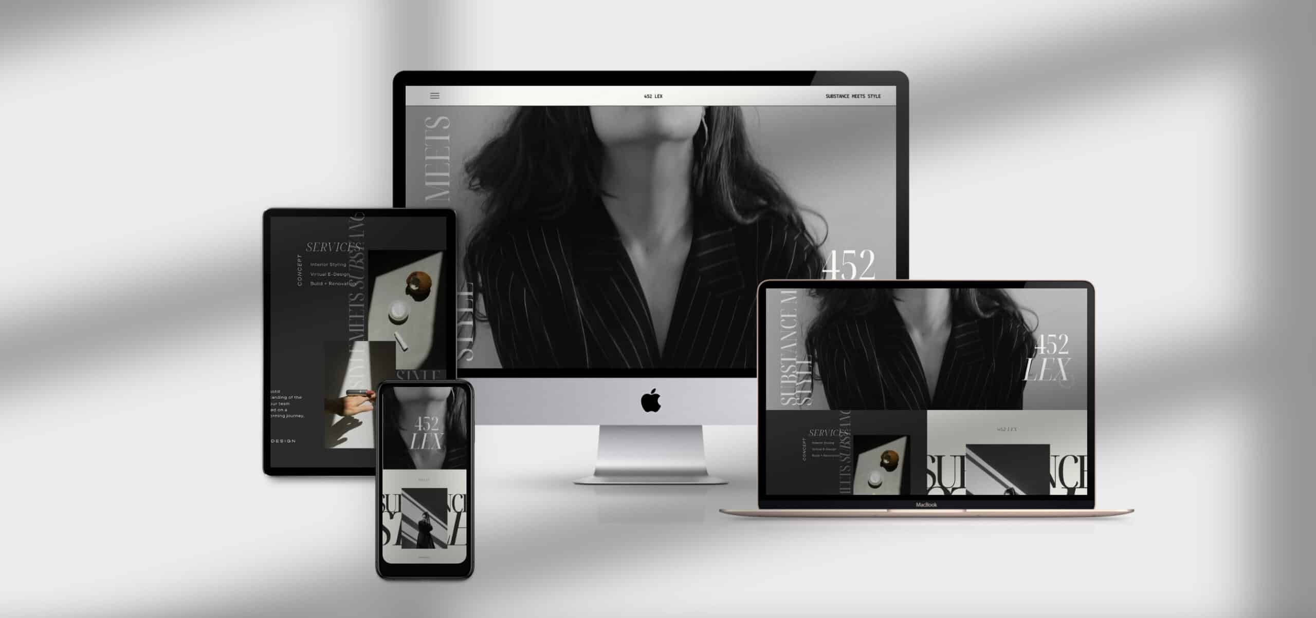 Black and white ipad mockups of glamorous black and white feminine website
