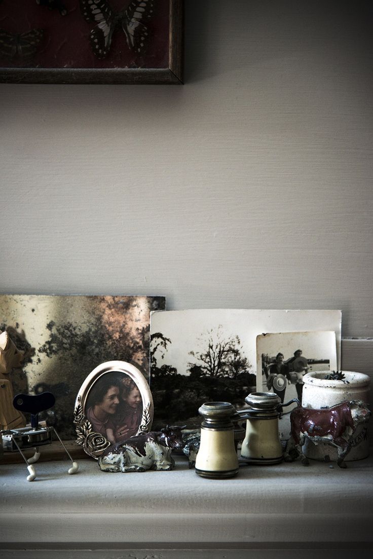 Dark and moody vignette on a shelf