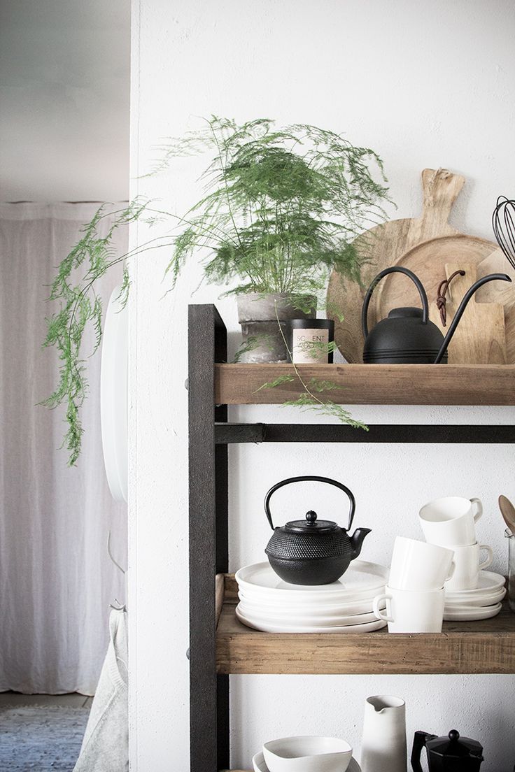 A minimalist kitchen shelf displays an organized collection of kitchenware. A delicate, feathery asparagus fern sits atop the shelf in a simple pot, next to a cylindrical candle and rustic wooden cutting boards. Below, a black cast iron teapot is neatly placed among an array of white ceramic plates and mugs, evoking a sense of calm and simplicity.
