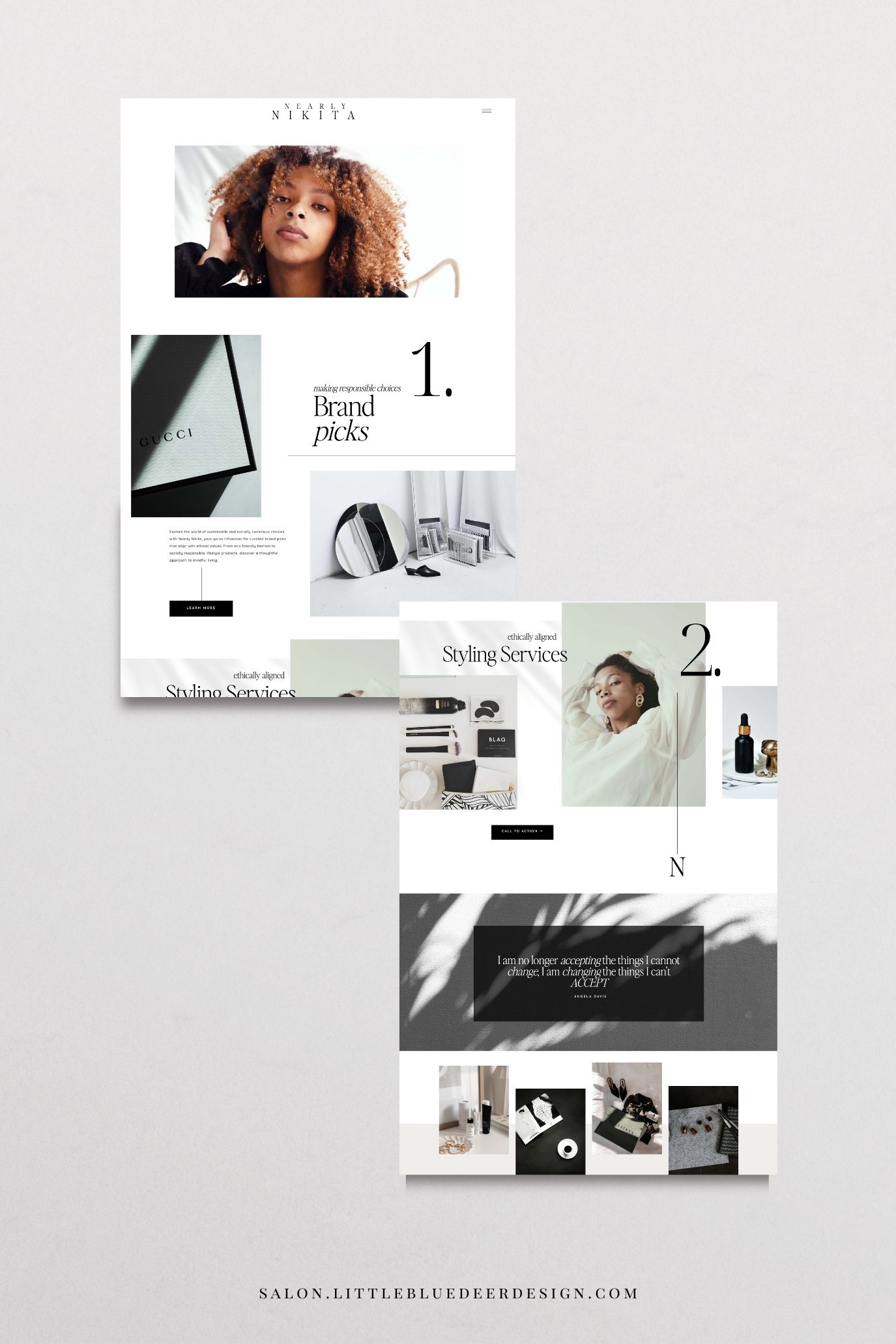 Image of a design template titled 'Nikita Showit Template by Little Blue Deer' featuring text that reads 'Making responsible choices' and 'Ethically aligned Styling Services'.