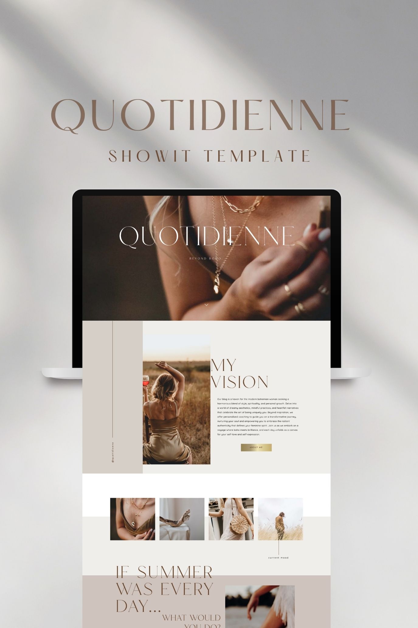 Image of a design template titled 'Quotidienne Showit Template by Little Blue Deer' featuring text that reads 'Quotidienne Showit Template'