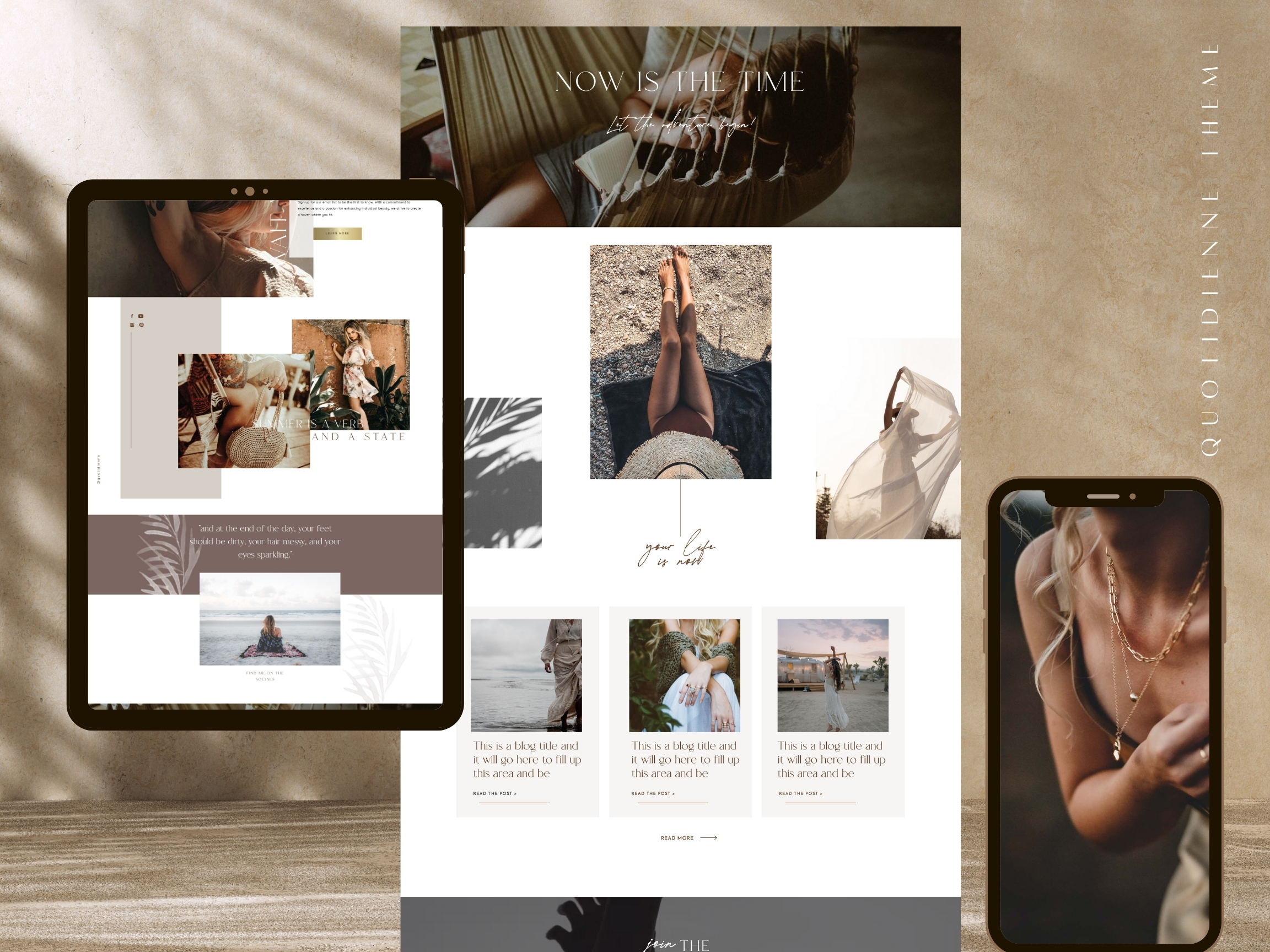 Screen mockups of Quotidienne Showit Template for Coaches