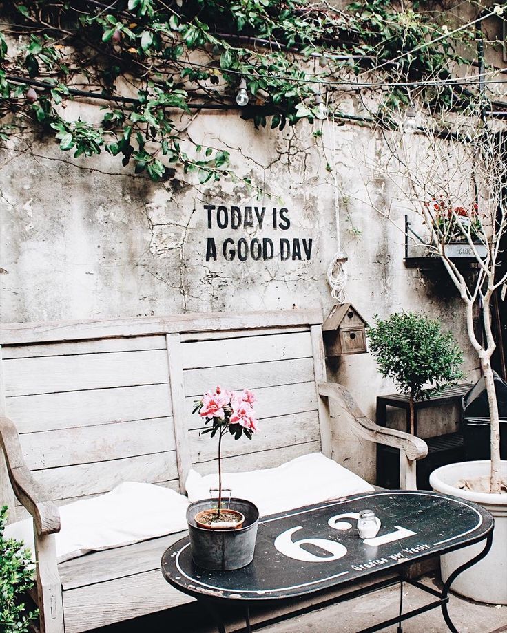 A quaint outdoor corner featuring a weathered bench with white cushions, against an aged concrete wall with ivy and a sign that reads 'TODAY IS A GOOD DAY'. A small round table holds a potted plant with pink flowers, a number 62 sign, and a salt shaker.