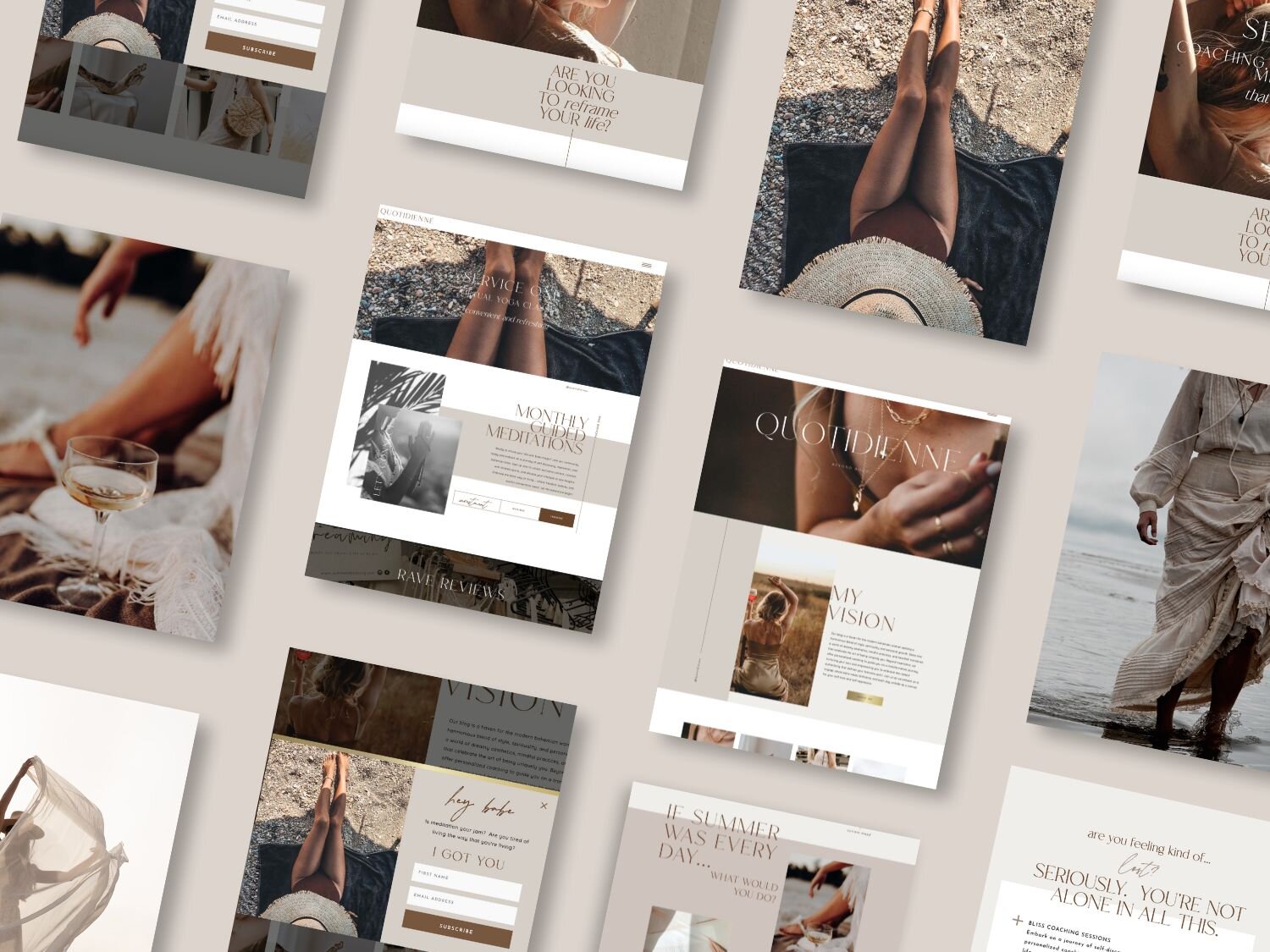 Multiple mockups of feminine Showit template for coaches