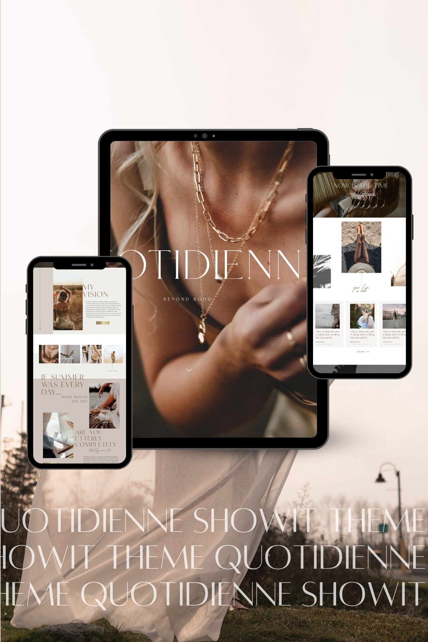 3 screen mockup of boho feminine Showit template design