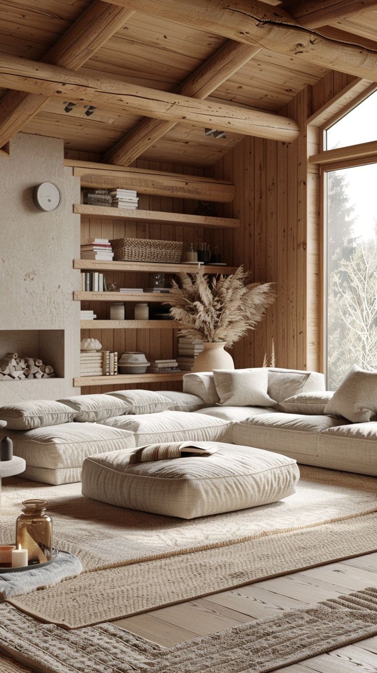 A spacious, light, and airy cabin living room with large windows offering a view of the forest. The room features a low, beige sectional sofa, a large woven rug, built-in wooden shelves filled with books and decor, and a vase of dried pampas grass for a natural touch.