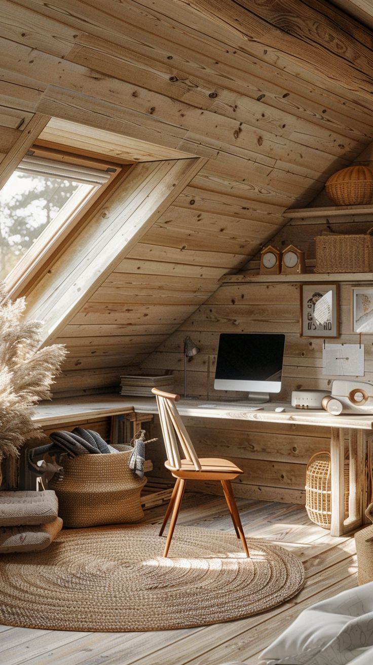 A charming attic workspace in a light and creamy cabin style, featuring natural wooden walls and ceiling, a skylight for ample natural light, a wooden desk with a modern chair, and a round woven rug. The space is adorned with baskets and soft textiles.