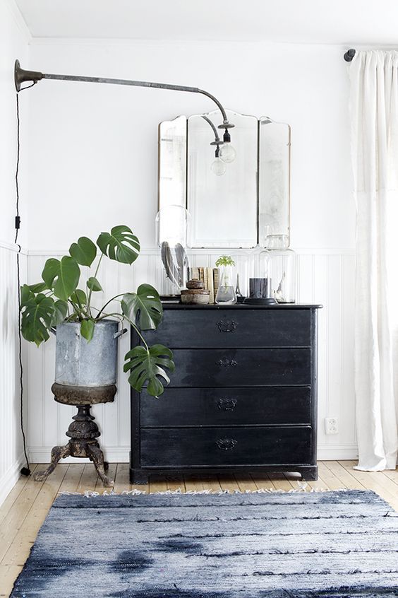 Vintage black chest of drawers with a tall monstera plant in a distressed metal planter, complemented by a minimalist mirror and small decorative accents, in a bright white room with wood flooring.