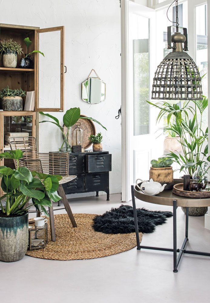 A bright and airy interior space with white textured walls features a mix of natural and industrial decor. A partially open wooden cabinet displays potted plants and books. A black metal cabinet with drawers sits against the wall, topped with a framed mirror and more plants. A woven chair rests on a round jute rug. In the foreground, large potted green plants frame a round metal-legged table with decorative items, including a white teapot and more greenery. A black shaggy rug lies on the light-colored floor. A metal cage pendant light hangs from the ceiling near a white door leading to another bright space.