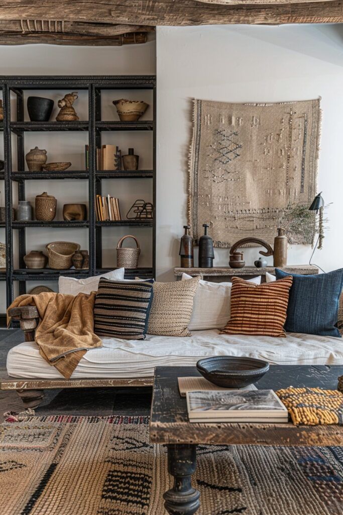 A rustic living room interior featuring a low-profile sofa with multiple textured pillows and a folded throw, positioned in front of a white wall. A large, woven tapestry hangs on the wall behind the sofa. To the left, a black metal shelving unit is filled with various pottery, bowls, and books. A dark, distressed wooden coffee table sits in front of the sofa, holding a bowl, a book, and a woven textile. The floor is covered with a textured rug with a geometric pattern. Exposed wooden beams are visible along the ceiling.