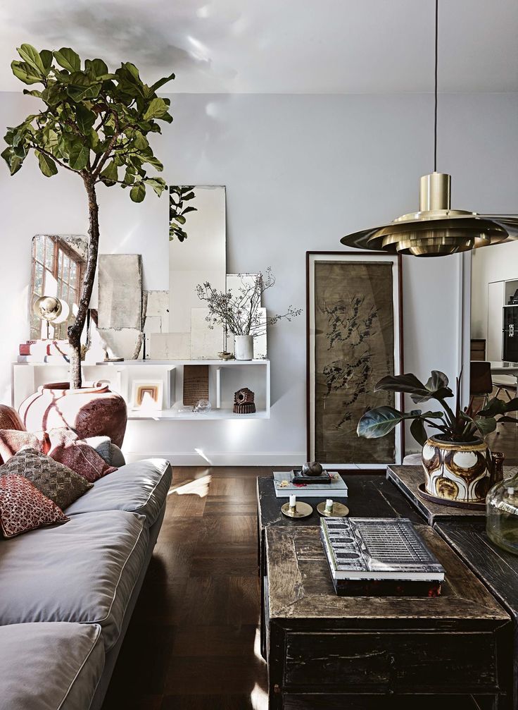 An eclectic living room with a long light grey sofa, dark wood floors, and a large fiddle leaf fig tree. The room features a dark, rustic coffee table with books and decor, a tall brass pendant light, and a wall shelf displaying various art objects and mirrors.