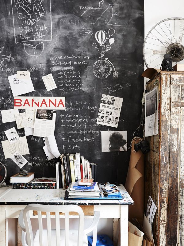 A messy, artistic office featuring a large chalkboard wall with drawings and notes. A white desk is piled with books and papers next to a distressed wood cabinet.