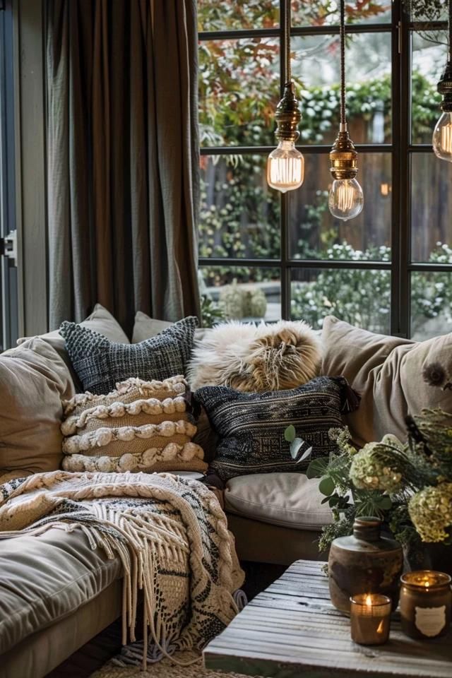 A distressed black cabinet sits on a porch, holding a small plant, a decorative basket, and a glass lantern. A rocking chair with a woven texture is next to it.