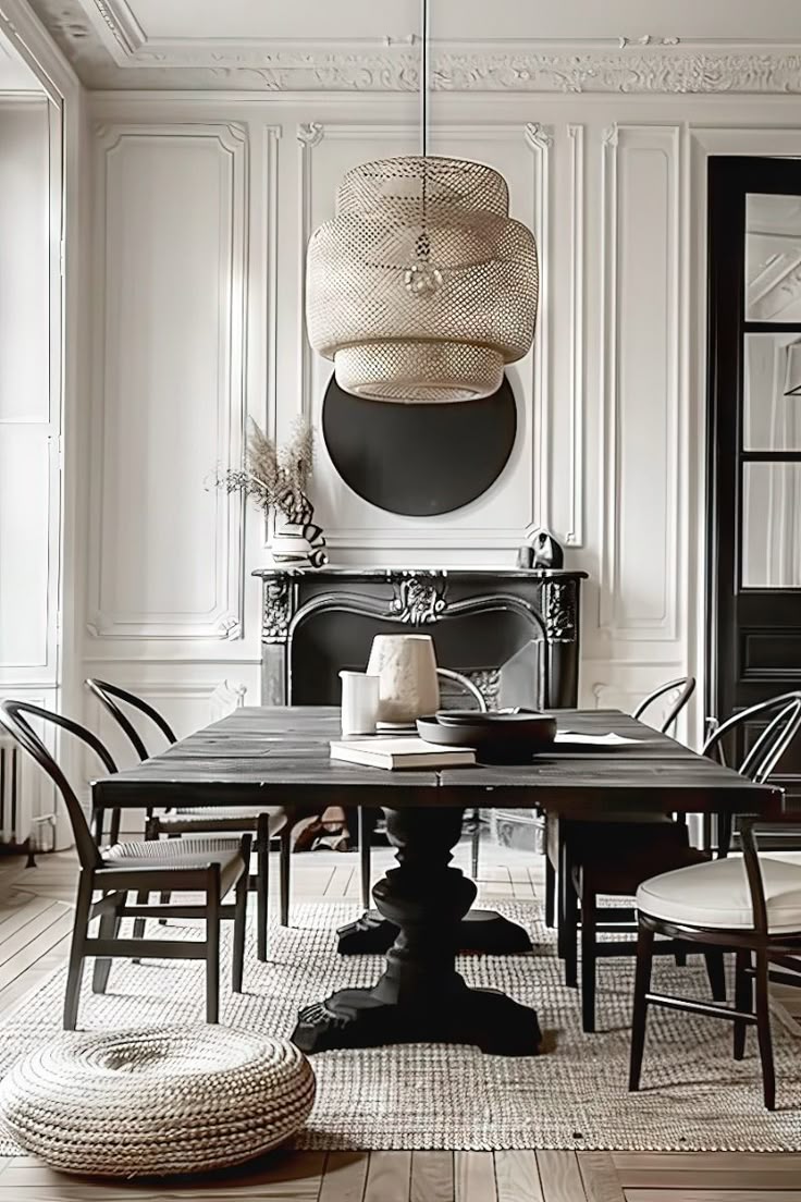Rustic dining room with a large wood and iron chandelier creating a cozy, dramatic focal point over the table.