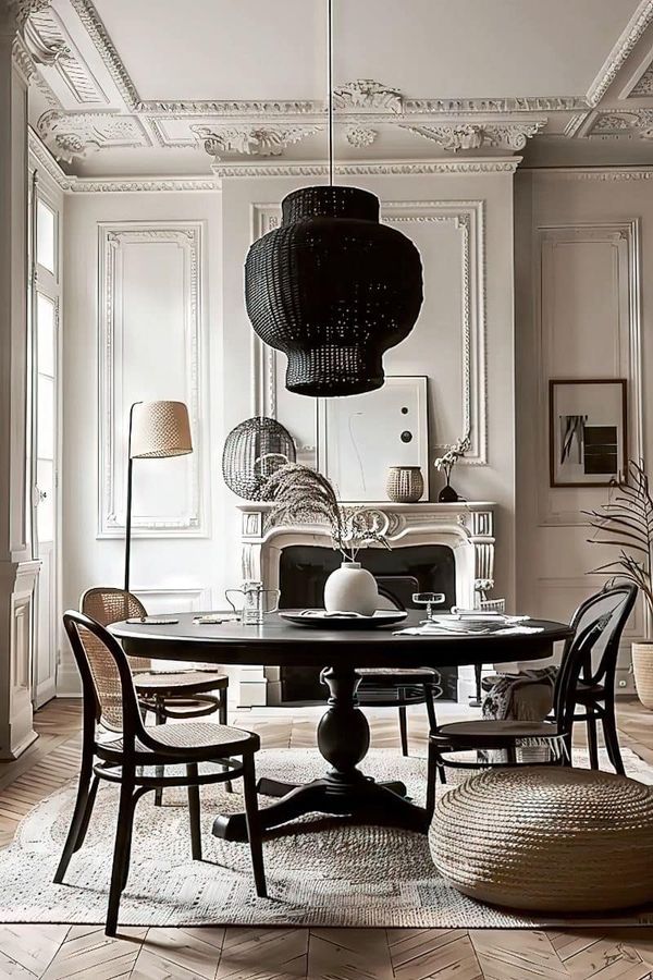 Elegant dining room with a sparkling crystal statement chandelier that adds glamour and sophistication to the space.