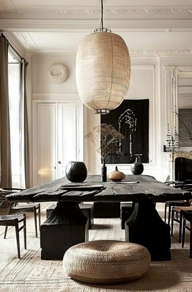 Modern statement chandelier hanging above a sleek dining table, adding bold style and warm lighting to the dining room.