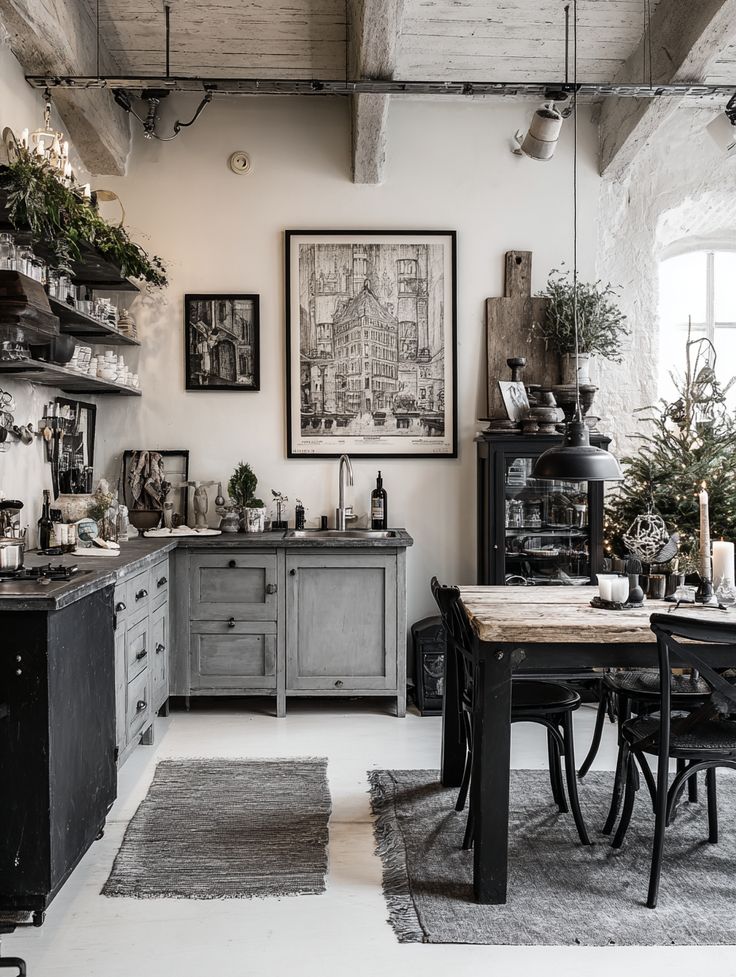 Dark, matte-finish cabinetry paired with thick rustic wood shelves, a textured green tile backsplash, and a black stone countertop.
