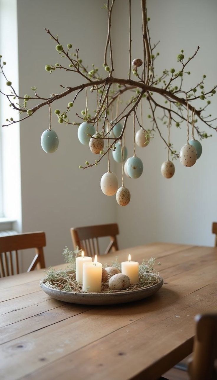 An artistic Easter centerpiece featuring a 'wonky' birch branch with multiple offshoots. The tree is adorned with an eclectic mix of carved wooden eggs and DIY gold-leafed ornaments, set against a neutral gallery wall for a sophisticated, sculptural look.